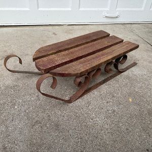Vintage hand made rustic wooden sled iron rails antique Christmas sleigh holiday
